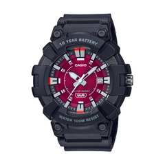 Black Casio watch with red face on a white background