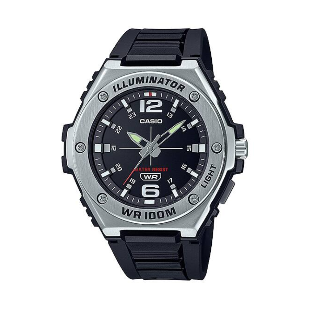 Casio watch with black strap and silver case on a white background