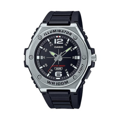 Casio watch with black strap and silver case on a white background
