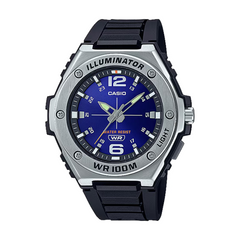 Casio watch with blue face and black strap on a white background
