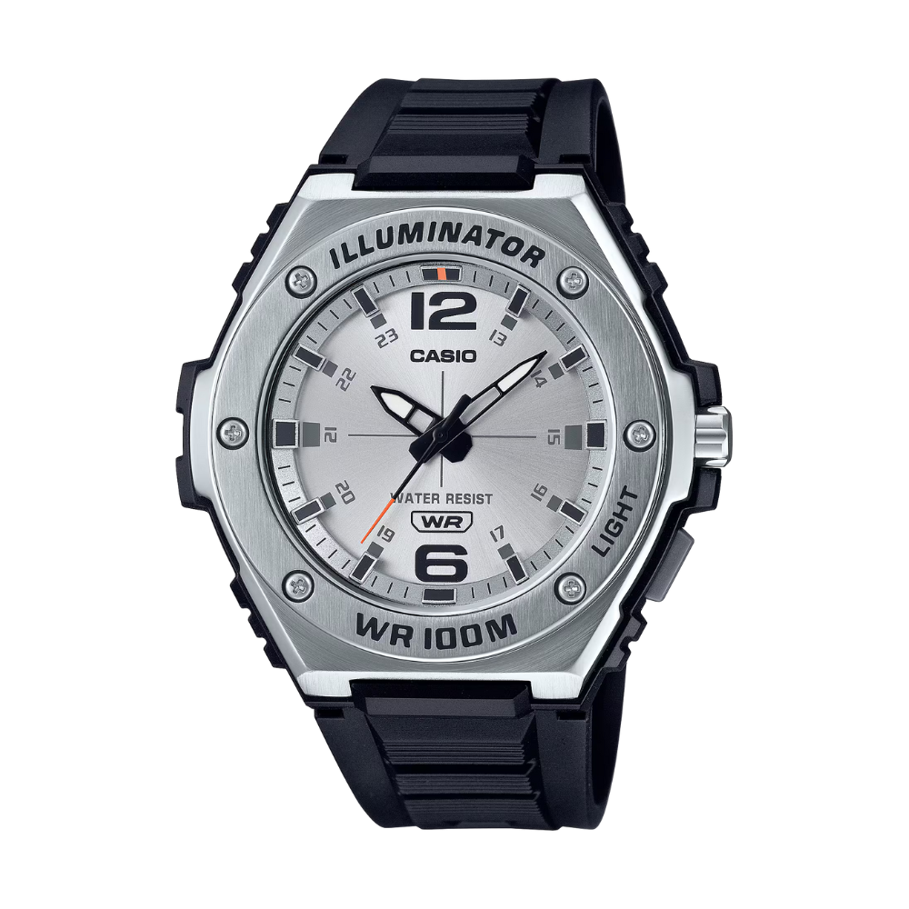 Casio watch with black strap and silver case on a white background