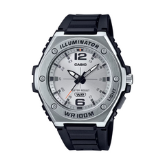 Casio watch with black strap and silver case on a white background