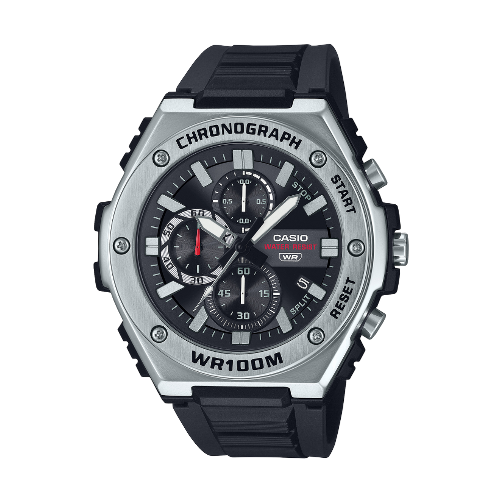 Casio chronograph watch with black strap on a white background
