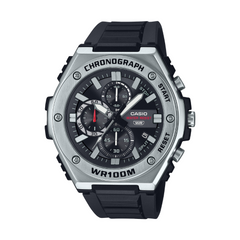 Casio chronograph watch with black strap on a white background