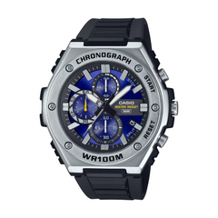 Casio watch with black strap and blue face on a white background