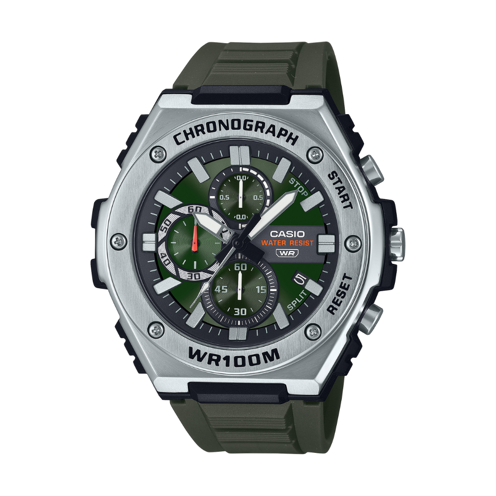 Casio watch with green face and gray case on a white background