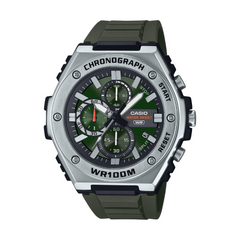 Casio watch with green face and gray case on a white background