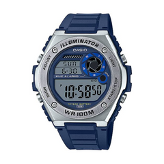 Digital watch with blue strap and silver casing on a white background