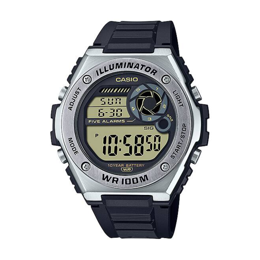 Digital watch with black strap and silver casing on a white background