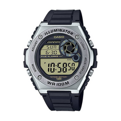 Digital watch with black strap and silver casing on a white background