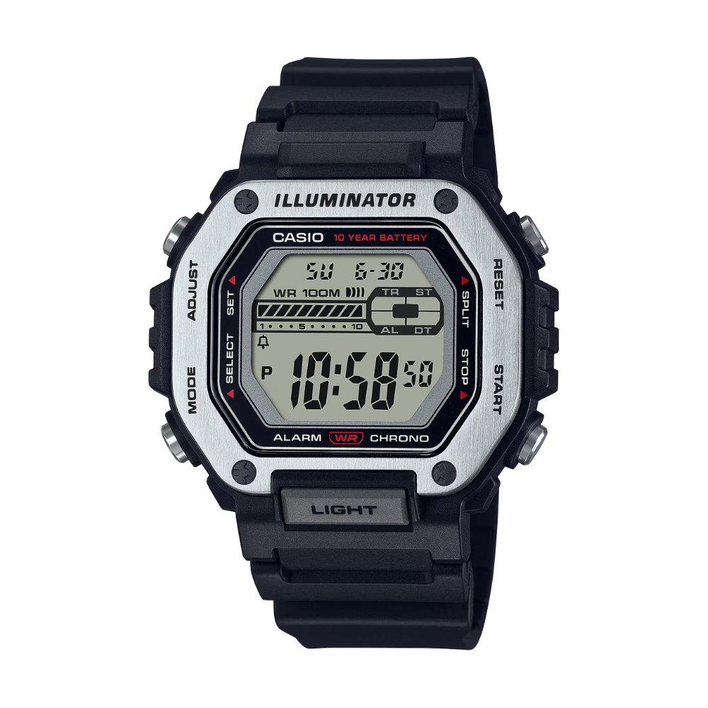 Digital watch with black strap on a white background