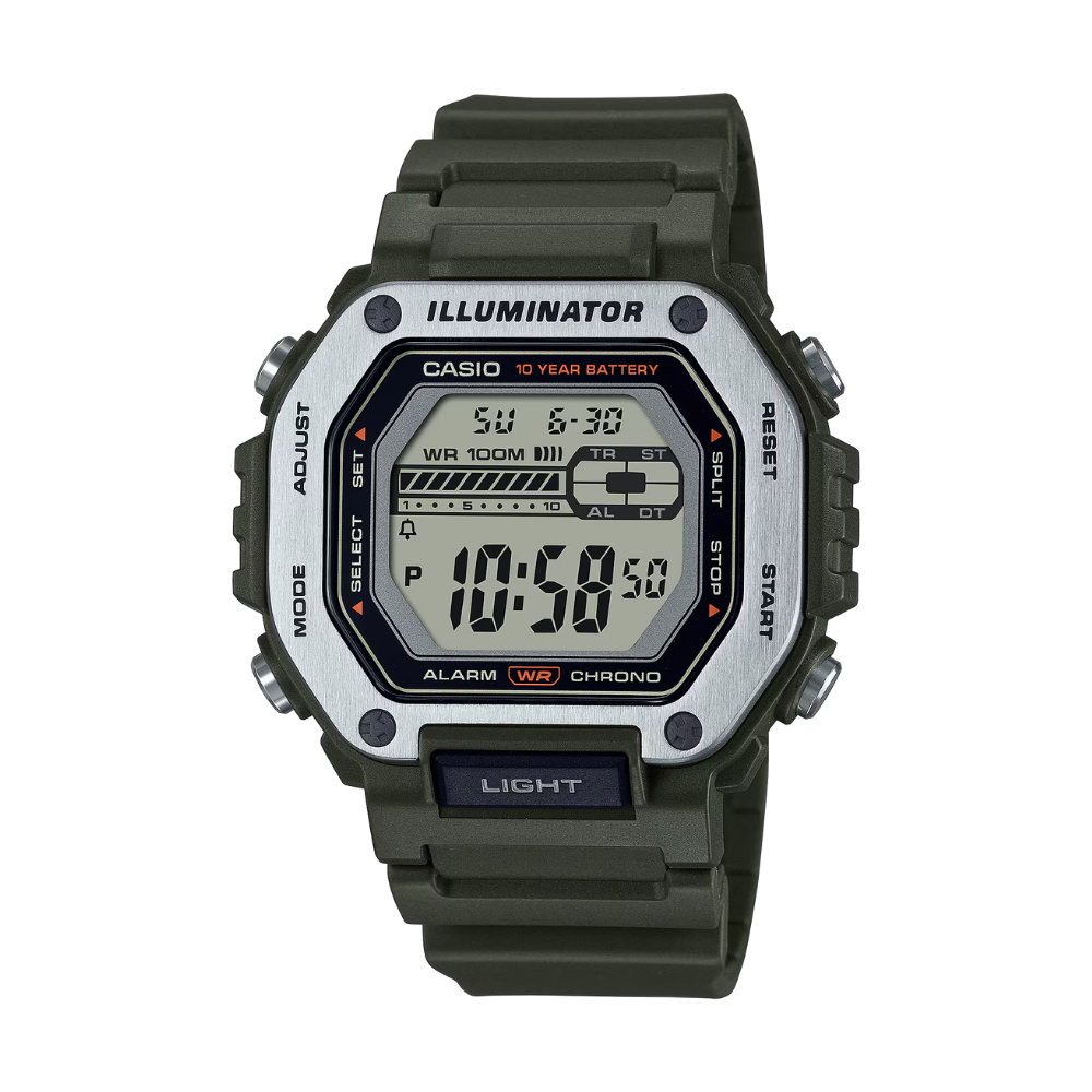 Casio digital watch with green strap on a white background