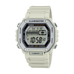 Casio digital watch with beige strap on a white background