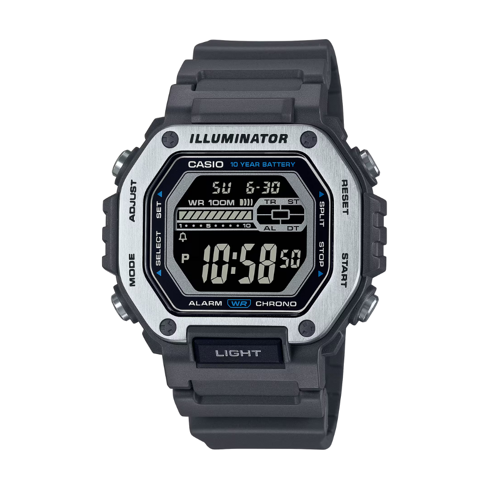 Casio digital watch with black strap on a white background