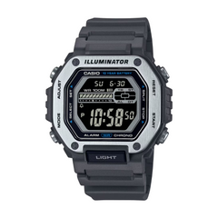 Casio digital watch with black strap on a white background