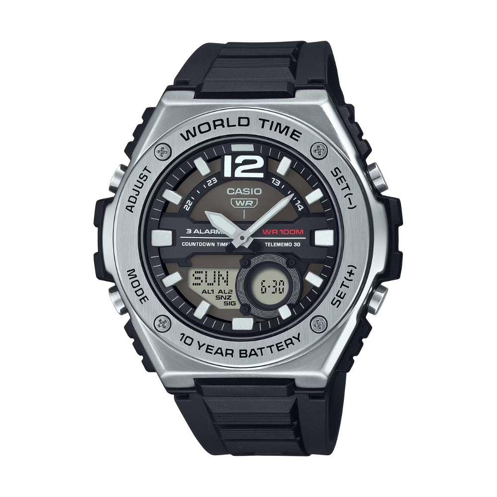 Casio watch with black strap and silver casing on a white background