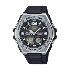 Casio watch with black strap and silver casing on a white background