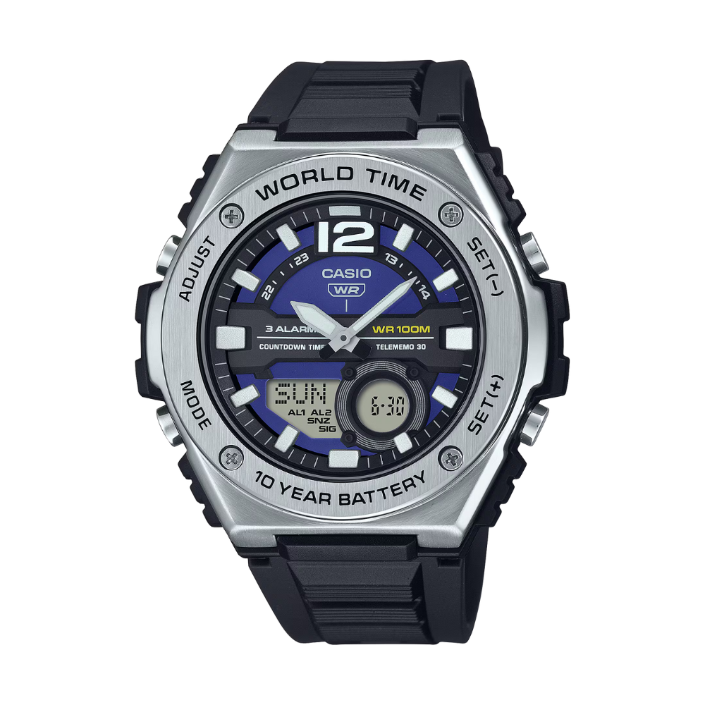 Casio watch with blue face and black strap on a white background