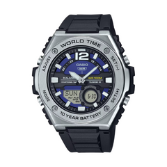 Casio watch with blue face and black strap on a white background