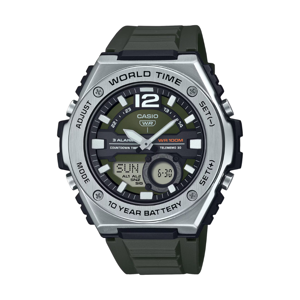 Casio watch with black strap and green dial on a white background