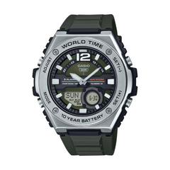 Casio watch with black strap and green dial on a white background