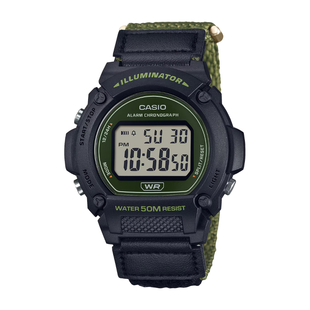 Casio digital watch with green strap on a white background