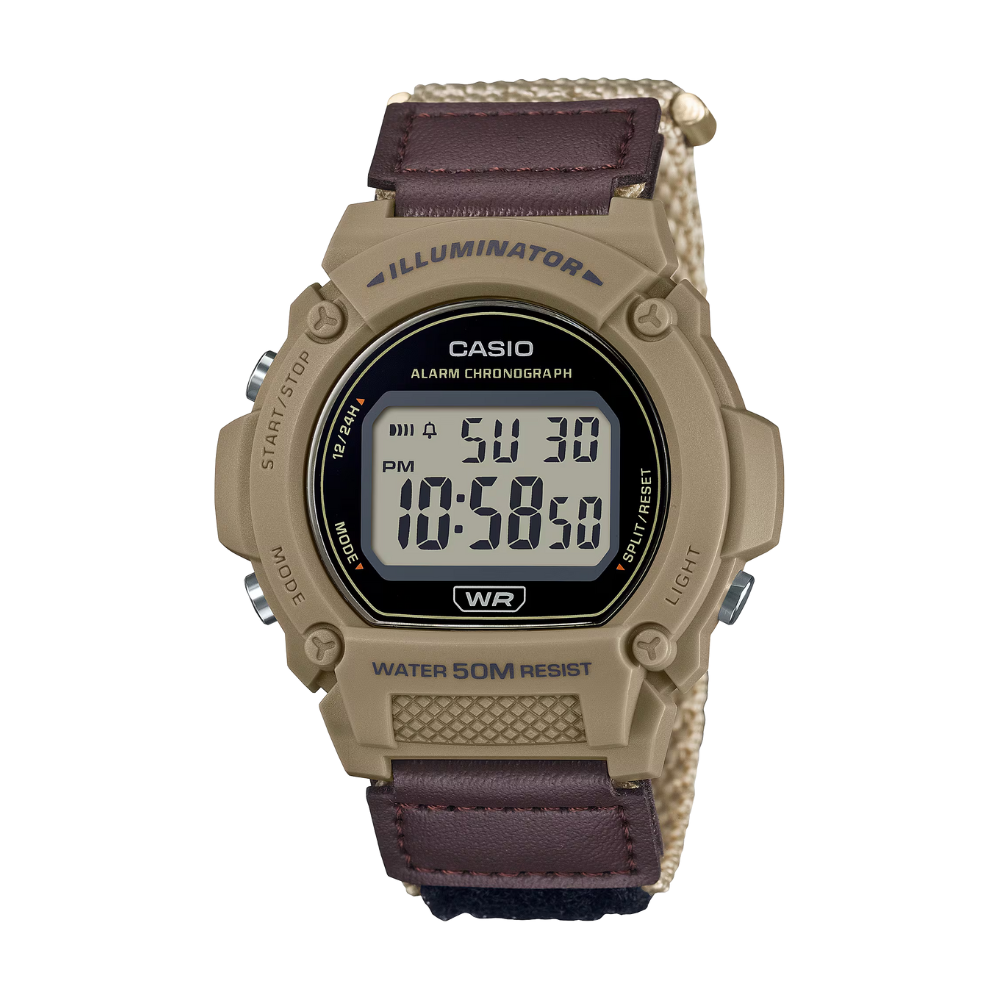 Casio digital watch with brown strap on a white background