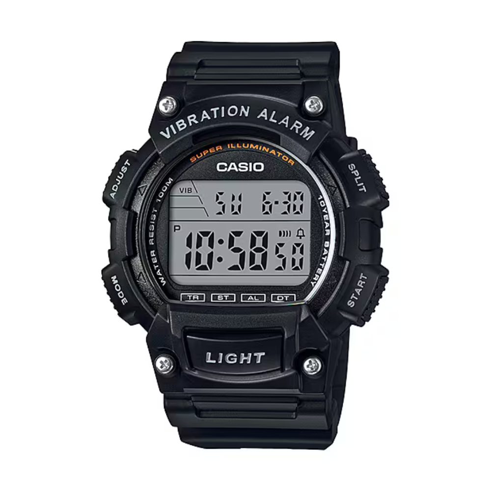 Black Casio digital watch with vibration alarm feature on a white background