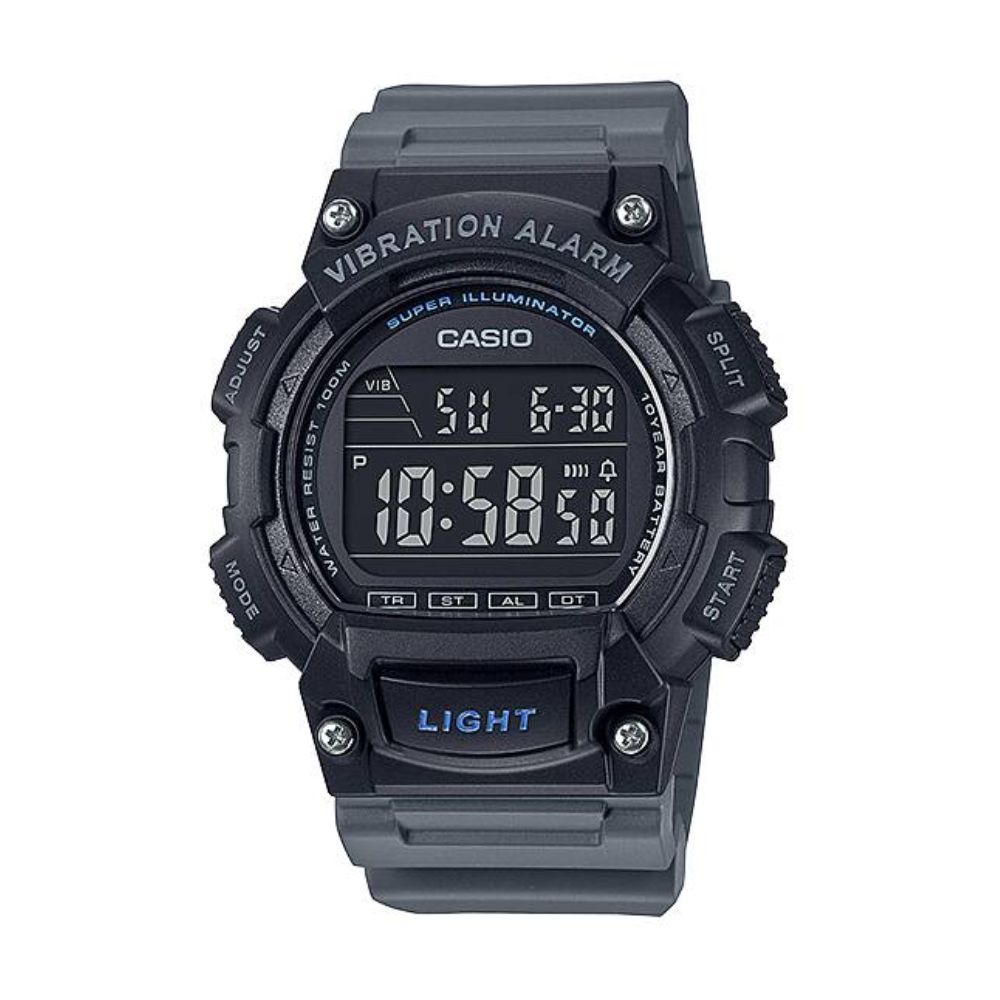 Black Casio digital watch with digital display on a white background