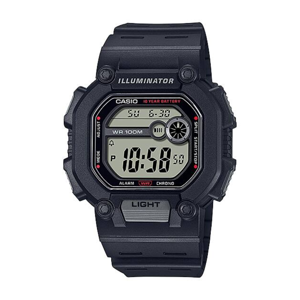 Black Casio digital watch on a white background