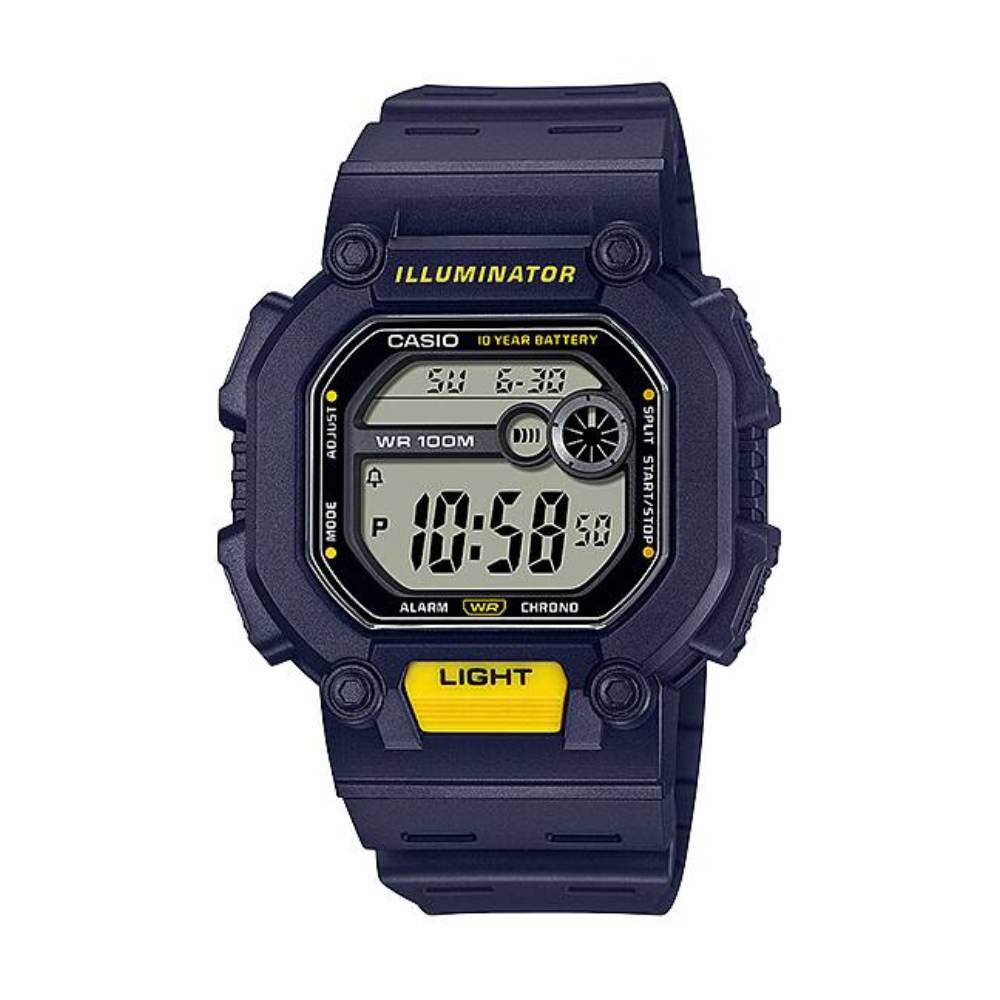 Casio digital watch with blue strap and yellow accents on a white background
