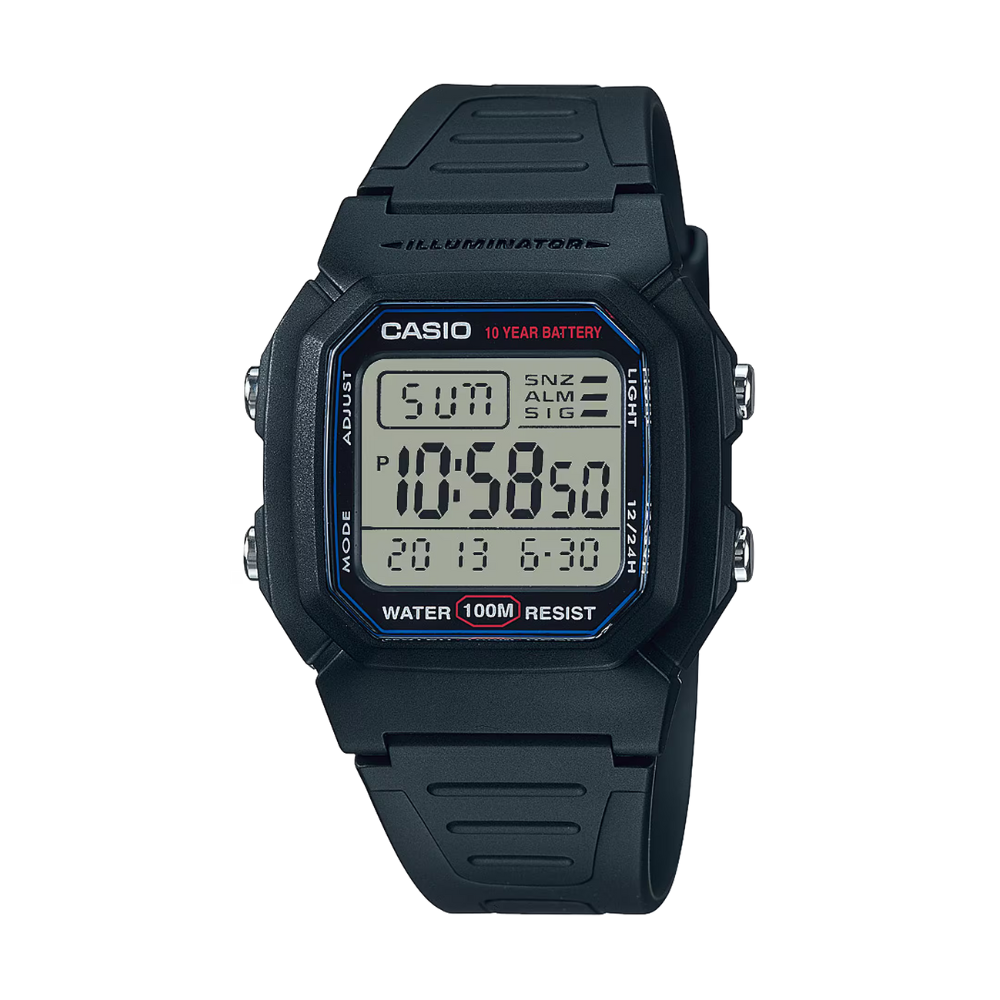 Black Casio digital watch on a white background