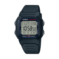 Black Casio digital watch on a white background