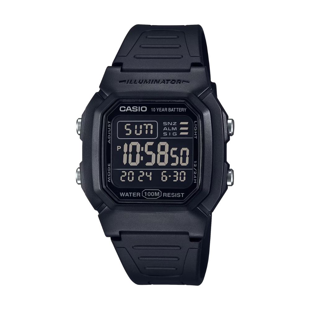 Black Casio digital watch on a white background