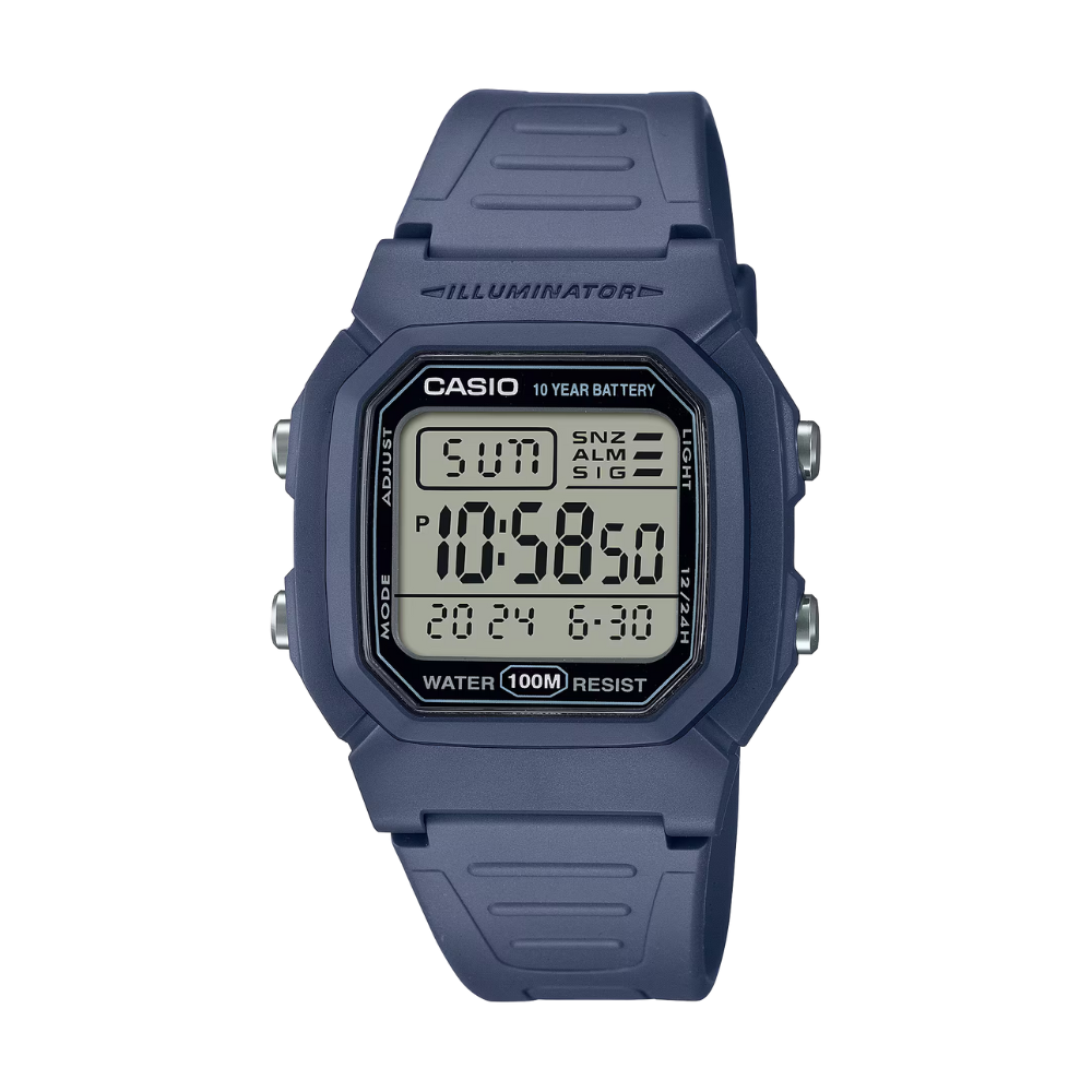 Blue Casio digital watch on a white background