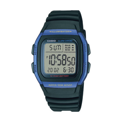 Digital watch with blue and black strap on a white background
