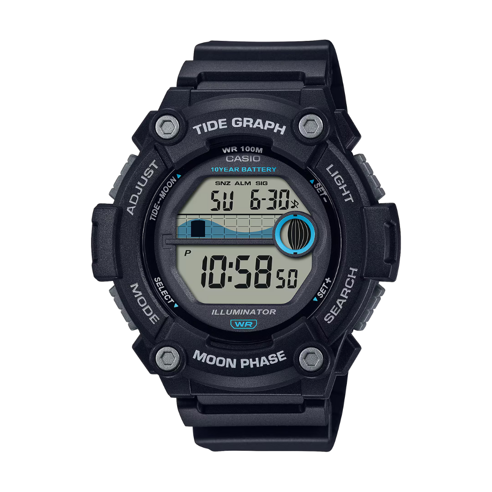 Black Casio digital watch with tide graph and moon phase features on a white background