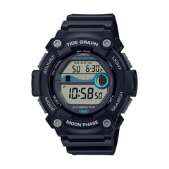 Black Casio digital watch with tide graph and moon phase features on a white background