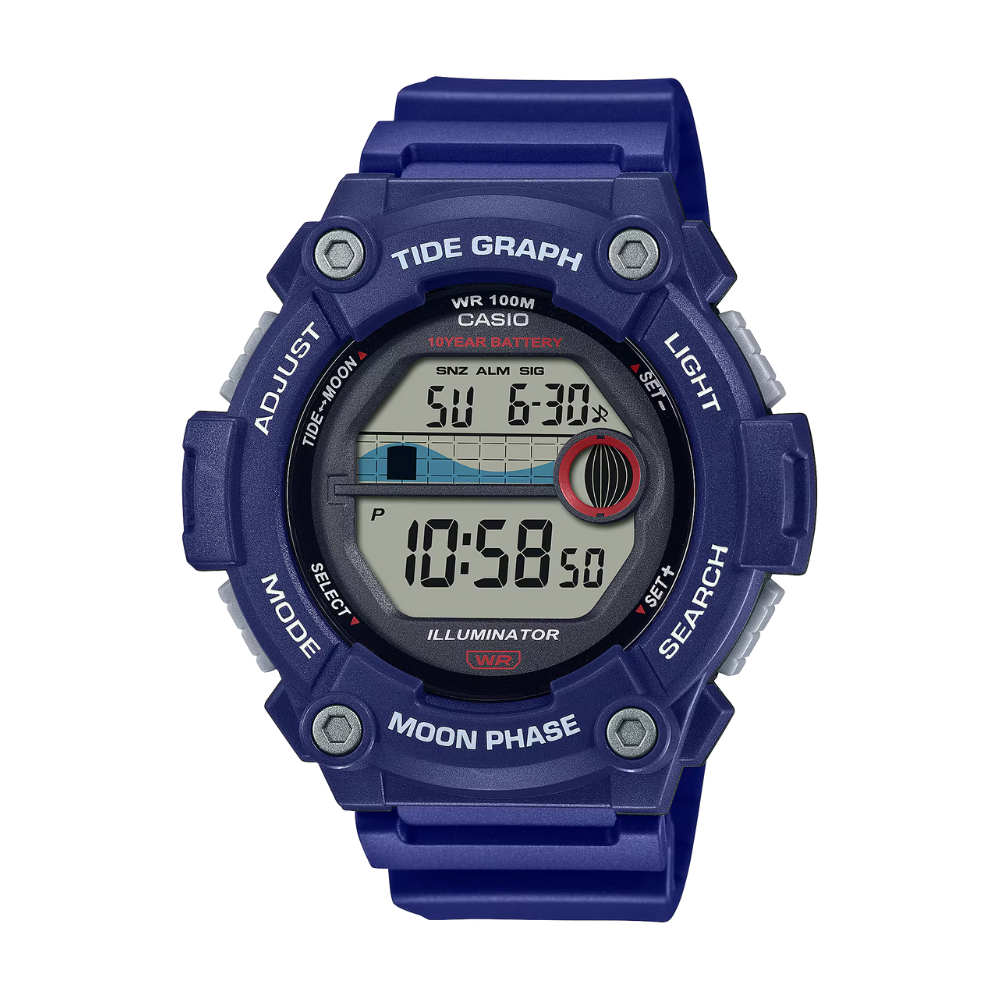 Blue Casio digital watch with various functions on a white background