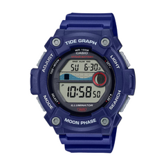 Blue Casio digital watch with various functions on a white background