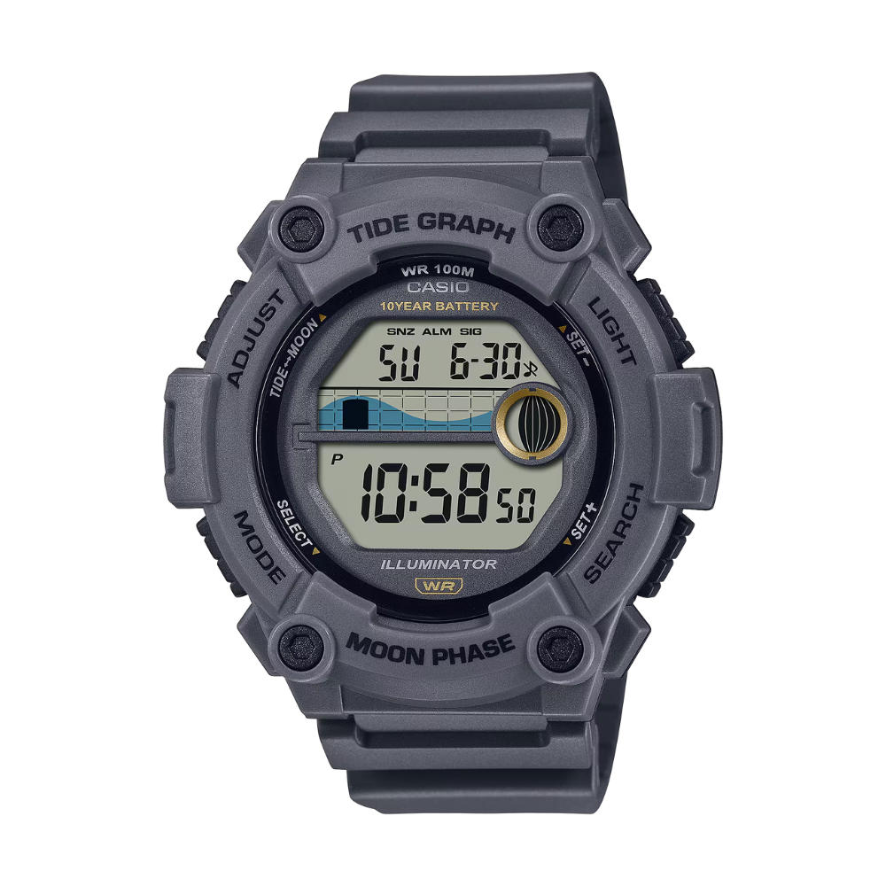 Gray Casio digital watch with tide graph and moon phase features on a white background