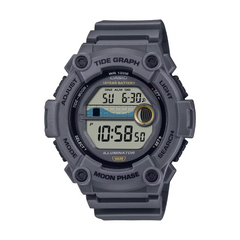 Gray Casio digital watch with tide graph and moon phase features on a white background