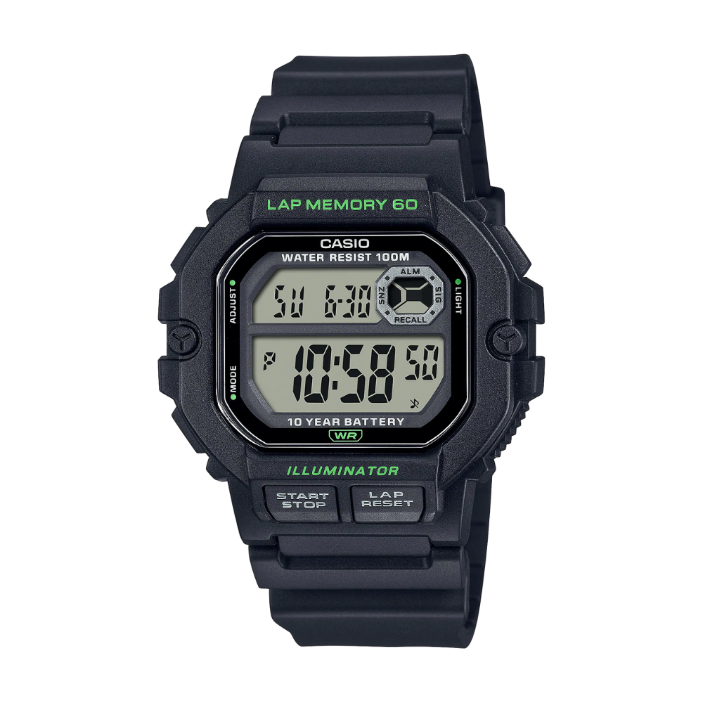 Black Casio digital watch with green text on a white background