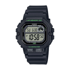 Black Casio digital watch with green text on a white background