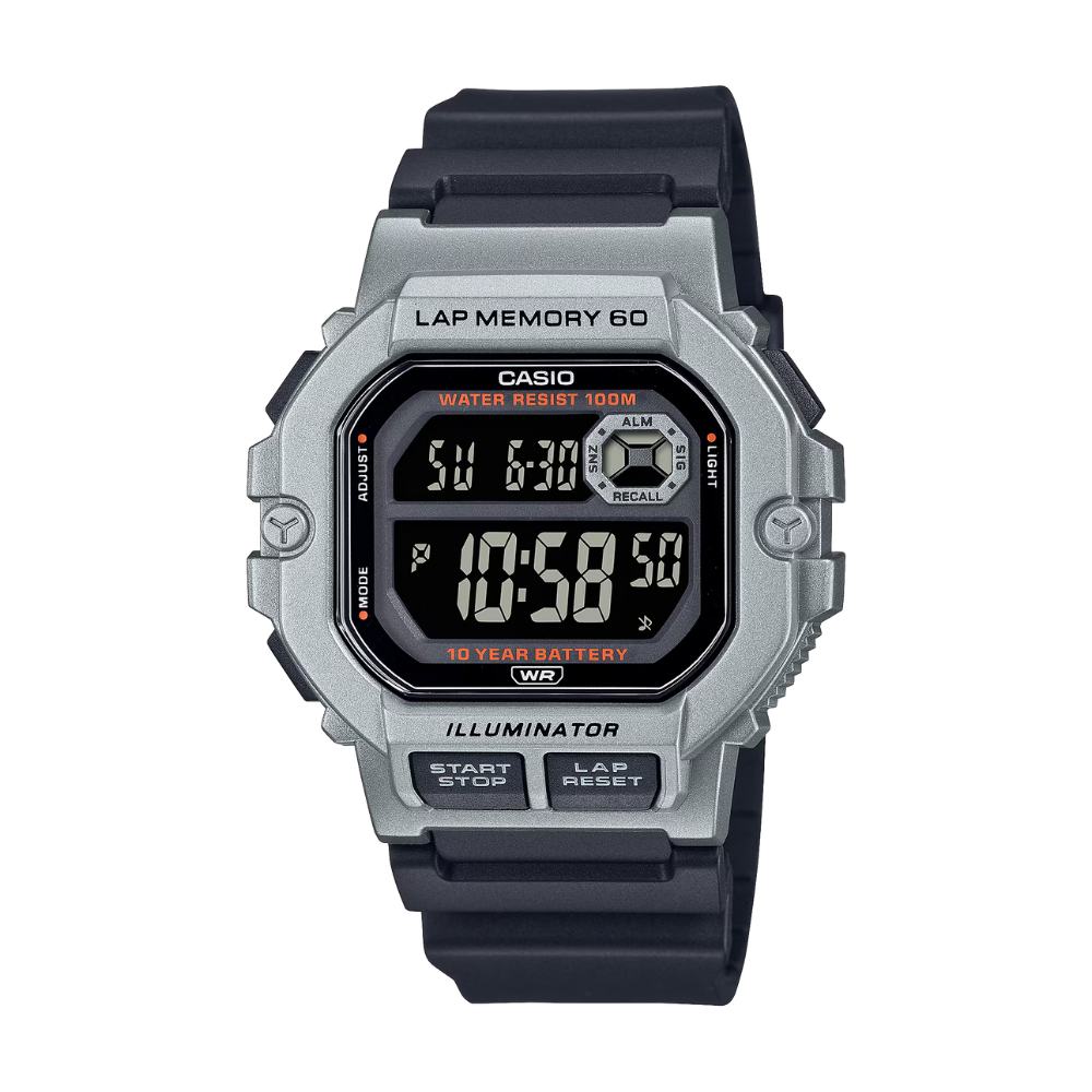Digital watch with black strap and silver casing on a white background