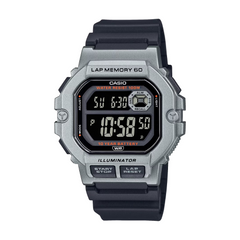 Digital watch with black strap and silver casing on a white background