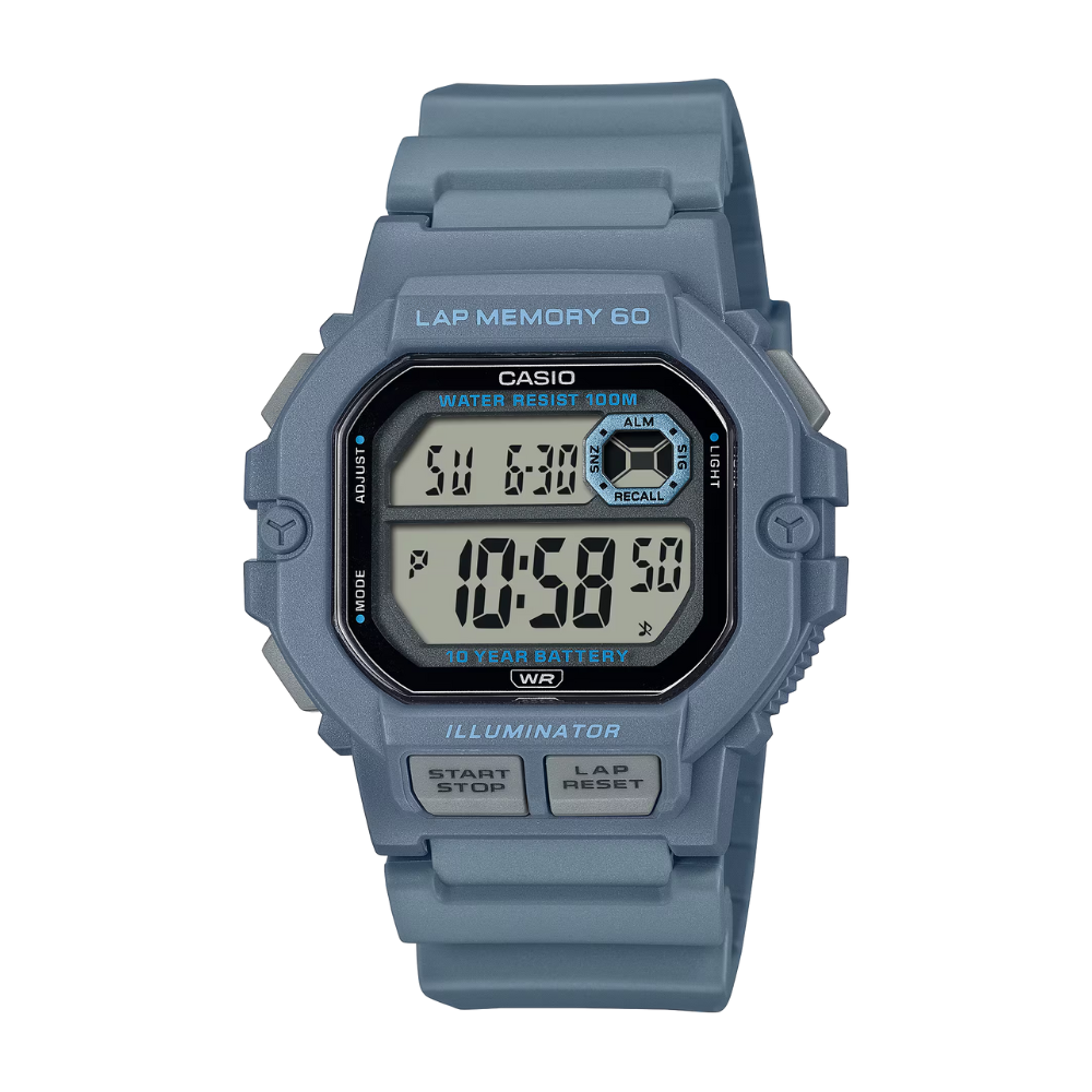 Blue Casio digital watch on a white background