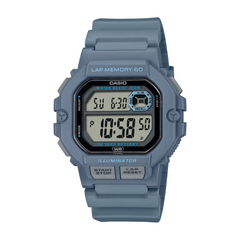 Blue Casio digital watch on a white background