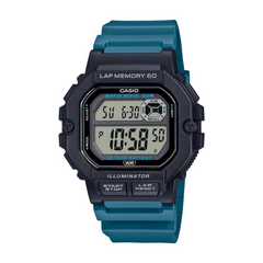 Digital watch with blue strap on a white background