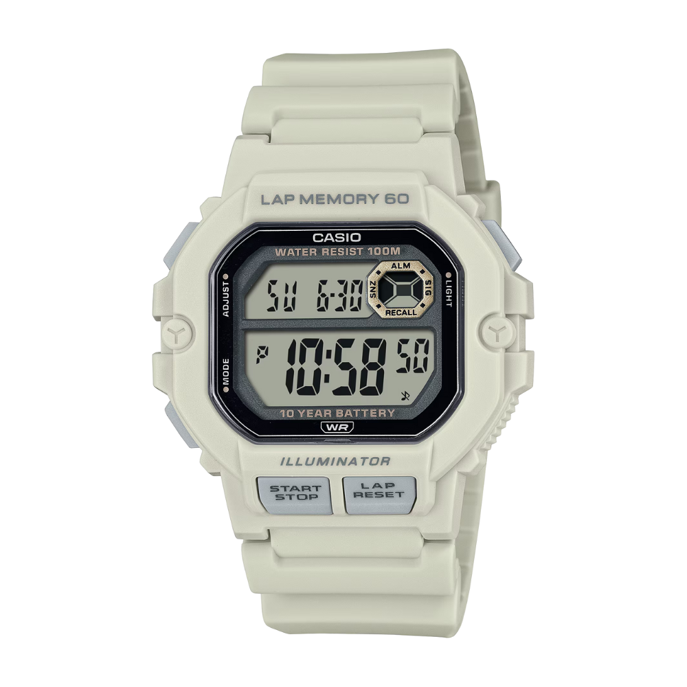 Casio digital watch with beige strap on a white background